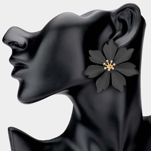 Classy pierced 2 1/4" XL black and gold flower button style earrings - Picture 1 of 4